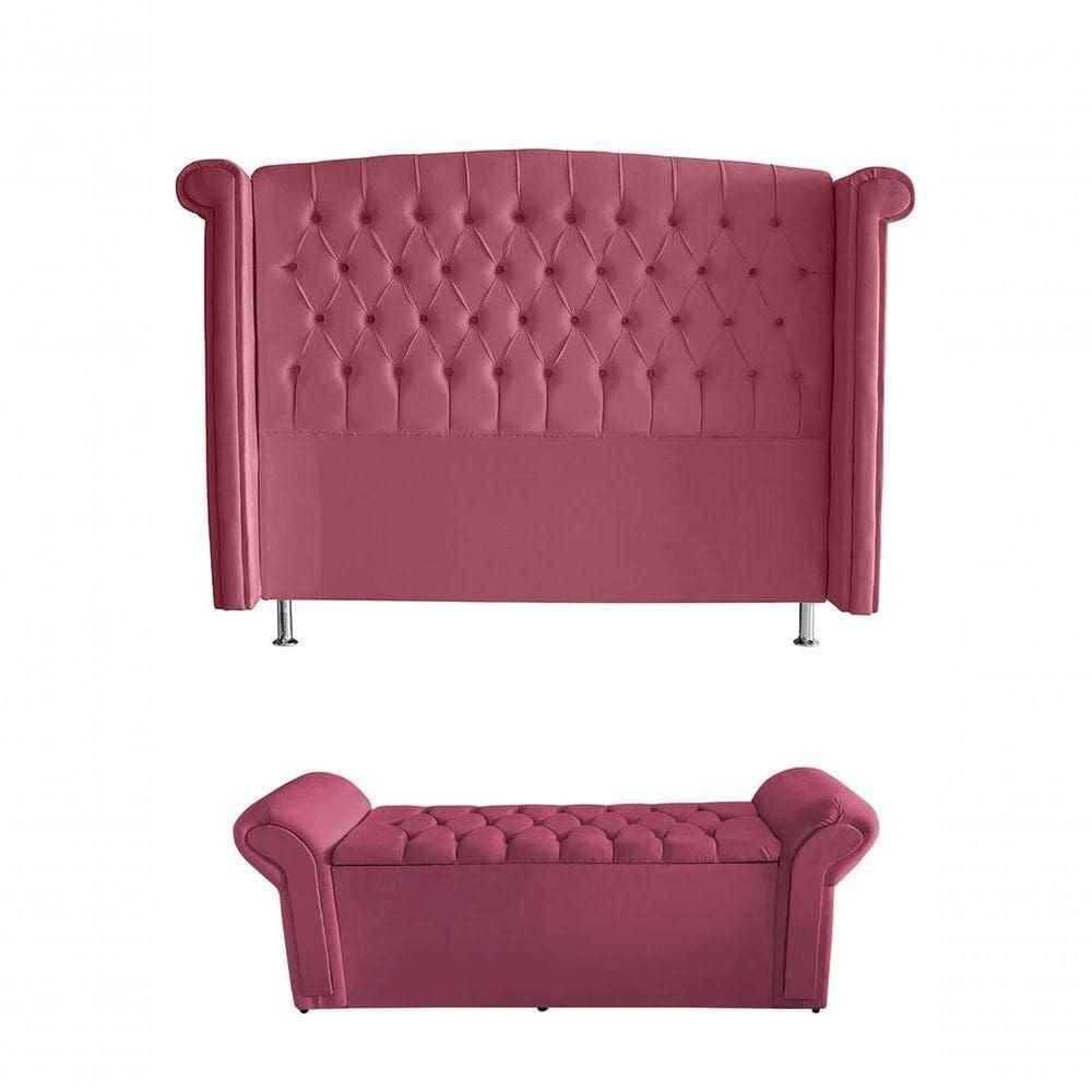 Kit Realeza Cabeceira De Cama Box E Calçadeira Baú Casal 140 Cm Suede Rosa Eli Móveis