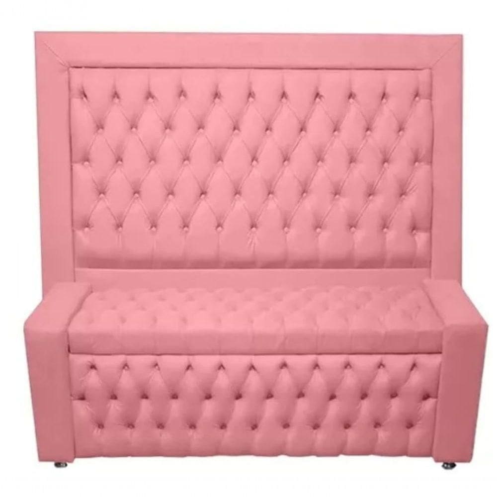 Kit Cabeceira De Cama Box E Calçadeira Baú Retro Capitonê Botão Encapados Queen 160 Cm Suede Rosa Eli Móveis