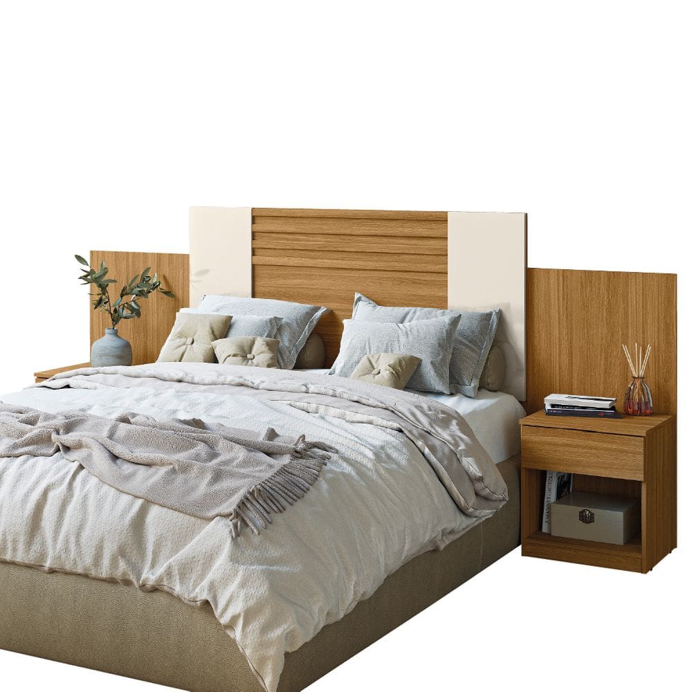 Cabeceira Para Cama Box Casal Queen 1,40m/1,60m Com Mesa De Cabeceira Freijó/Off White/Cinza Flex Ar