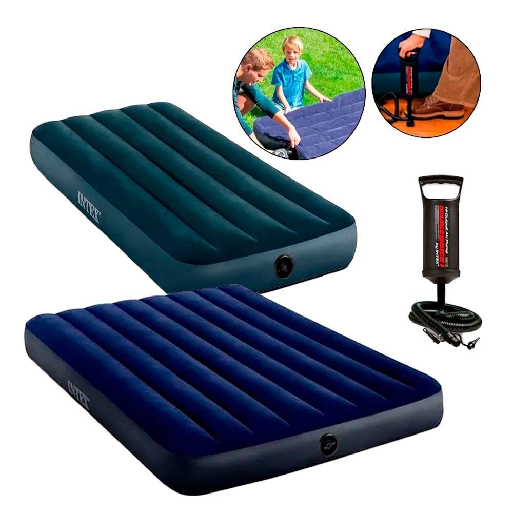 Kit Colchao Inflavel Casal E Solteiro Fiber Tec Intex + Bomba 64756 + Kit