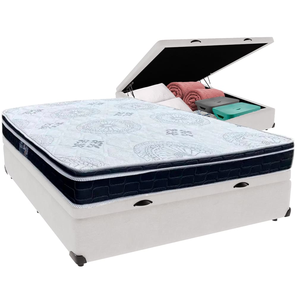 Cama Box Baú Branco e Colchão Orthosono D33 Com Euro Pillow Viúvo Anjos