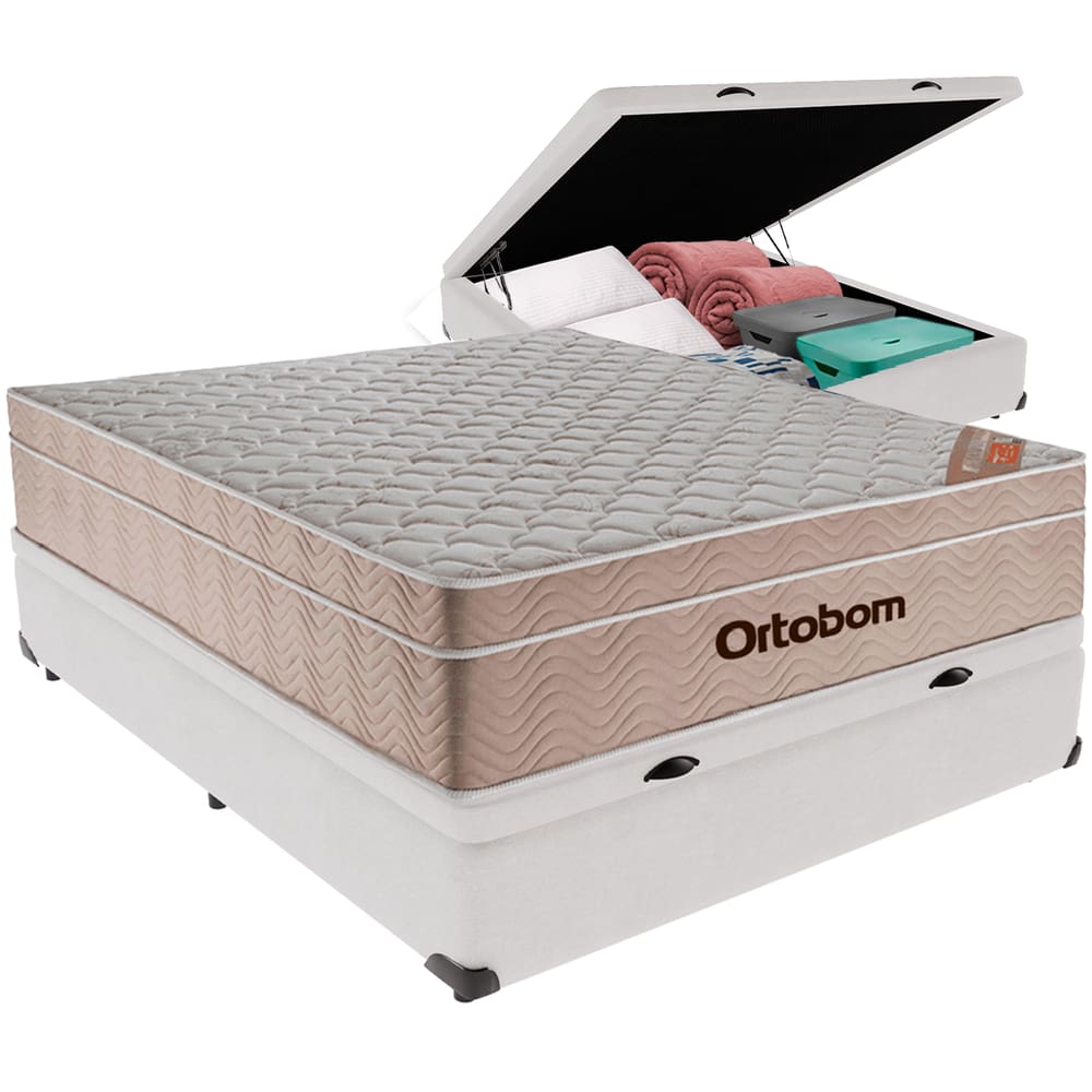 Cama Box Baú Branco e Colchão Airtech Spring Casal Ortobom