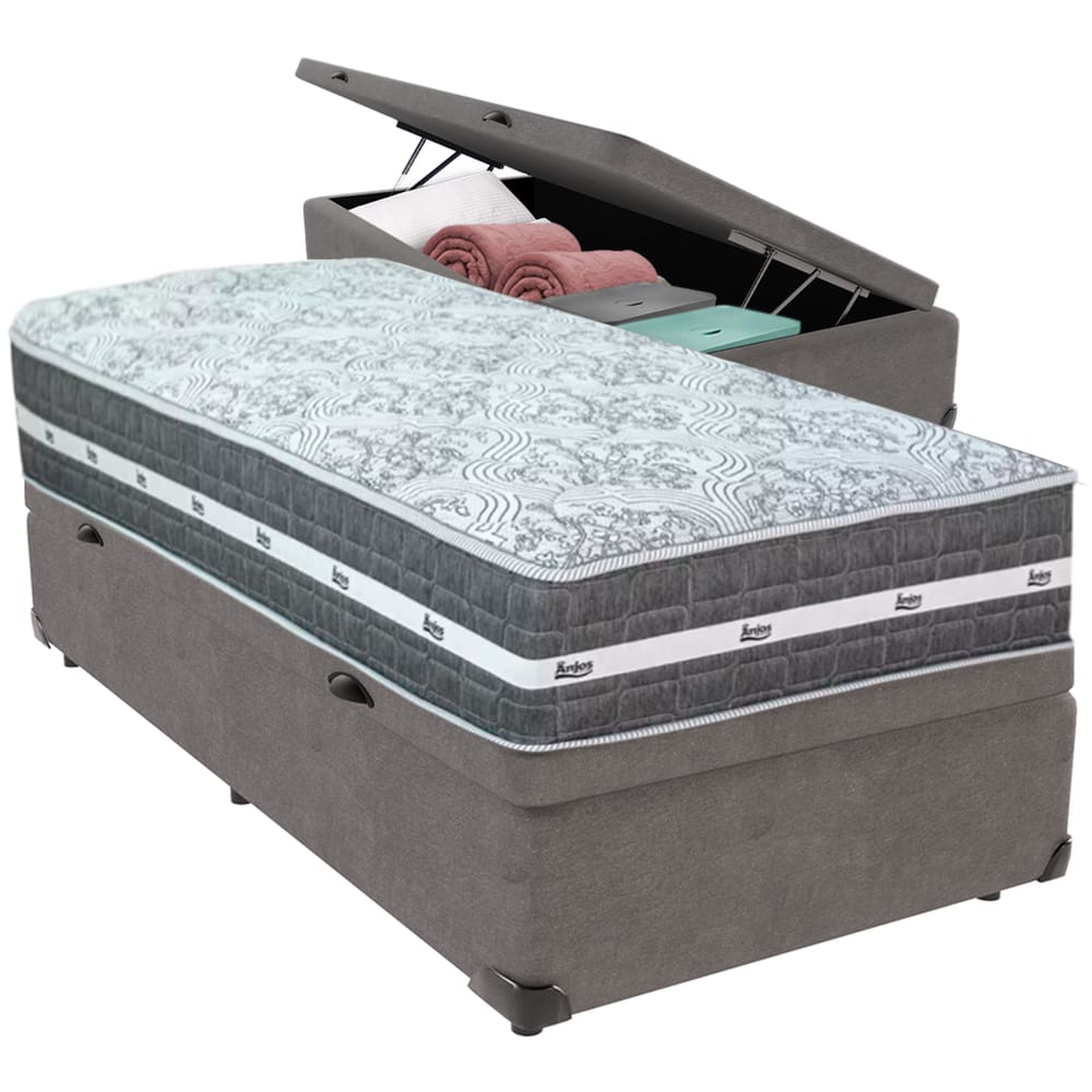 Cama Box Baú Cinza e Colchão Black Graphite Molas Ensacadas Solteiro 88x188X27 Anjos