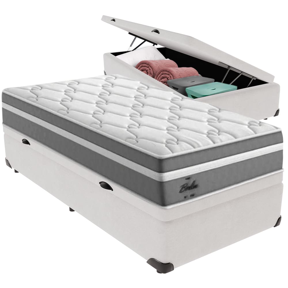 Cama Box Baú Branco e Colchão Berlim Molas Ensacadas Solteiro Probel