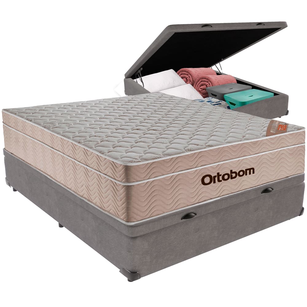 Cama Box Baú Cinza e Colchão Airtech Spring Molas Ensacadas Casal Ortobom