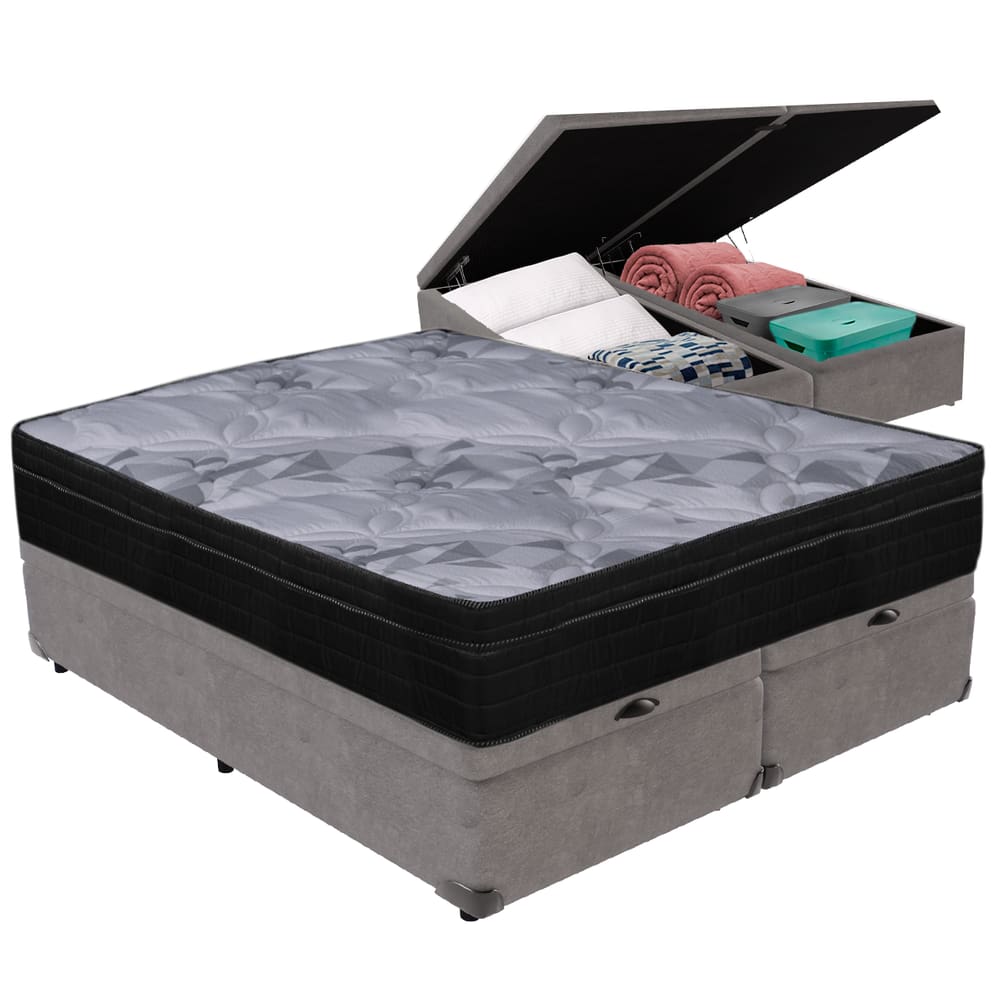 Cama Box Baú Cinza e Colchão Airtech Pampa Molas ensacadas Queen Ortobom