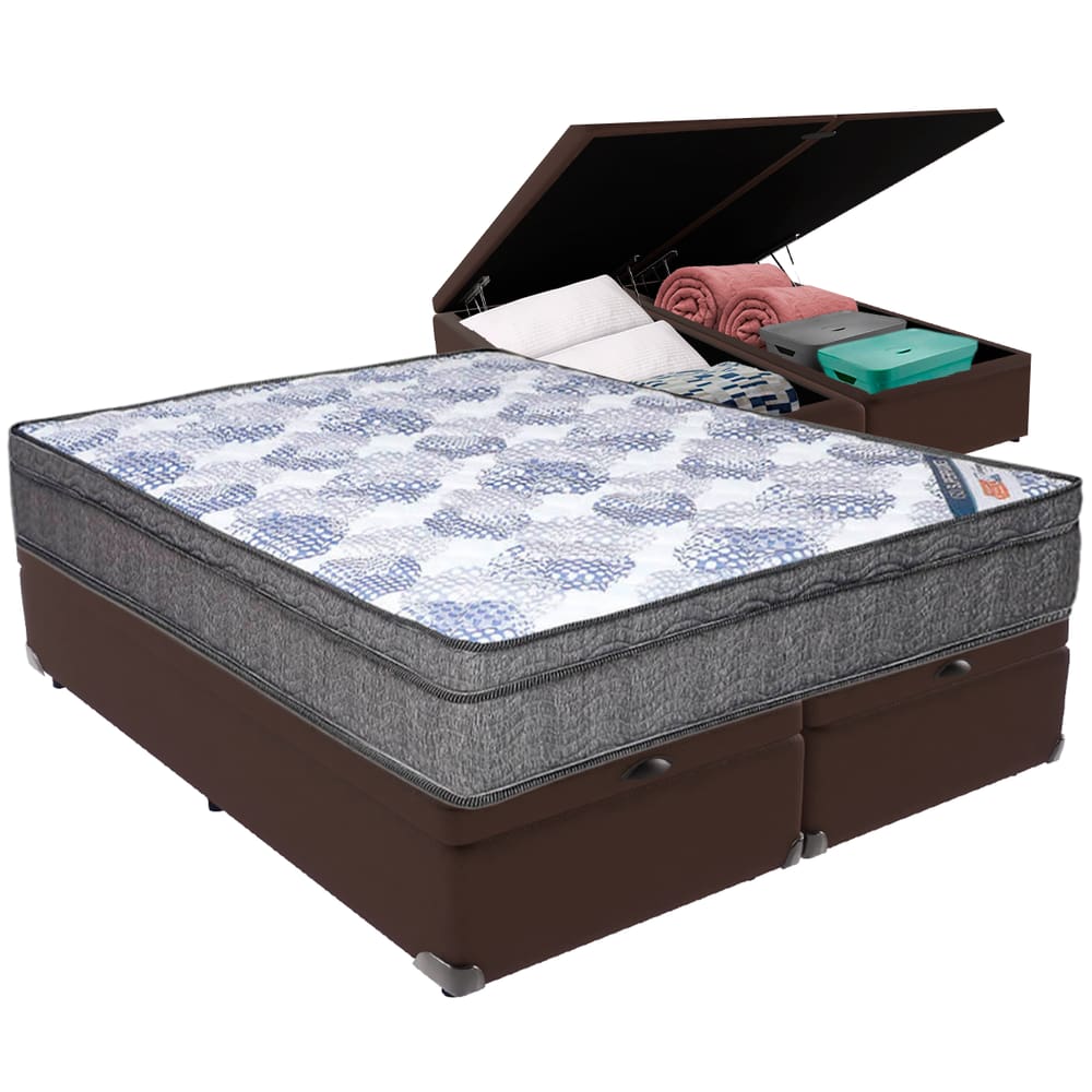 Cama Box Baú Marrom e Colchão ISO Molas Ensacadas Queen Ortobom