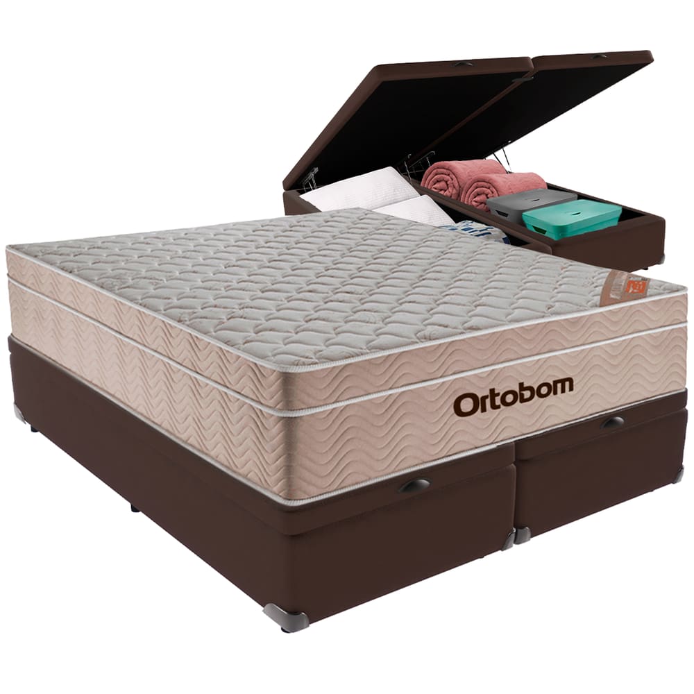 Cama Box Baú Queen Marrom Colchão Ortobom Spring