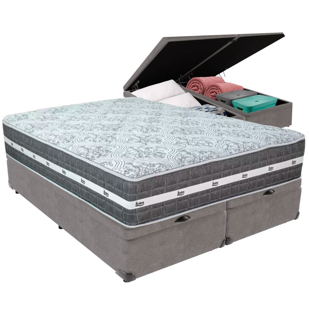 Cama Box Baú Cinza e Colchão Black Graphite Molas Ensacadas King 193x203X27 Anjos