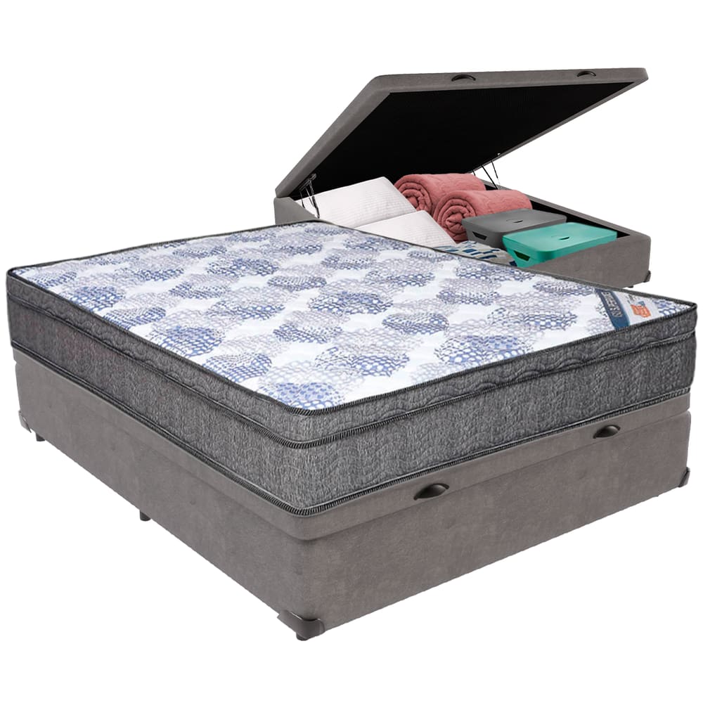 Cama Box Baú Cinza e Colchão ISO Molas Ensacadas Casal Ortobom