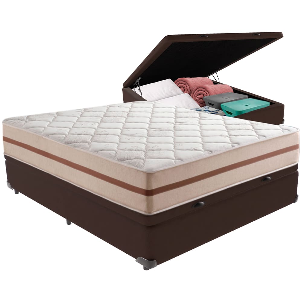 Cama Box Baú Marrom e Colchão Classic 22 cm Molas ensacadas Casal Anjos