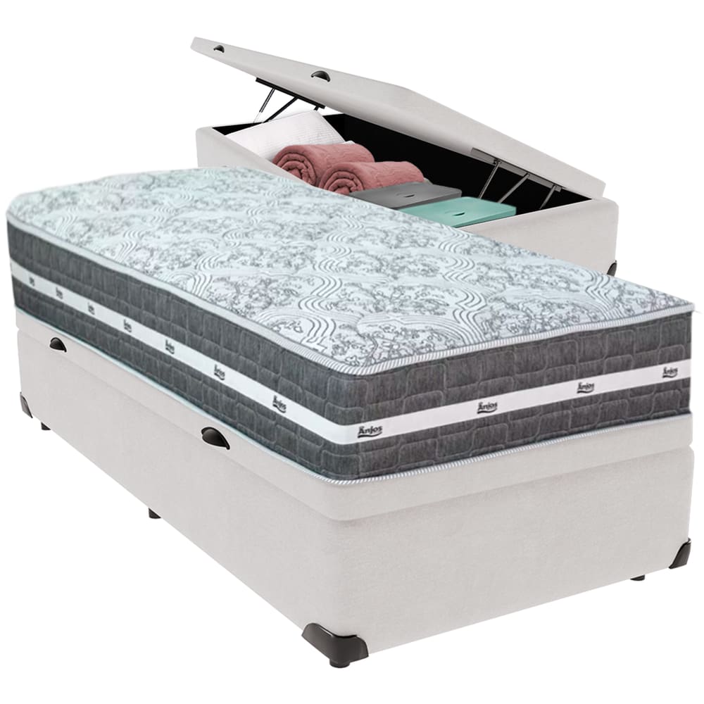 Cama Box Baú Branco e Colchão Black Graphite Molas Ensacadas Solteiro 88x188X32 Anjos