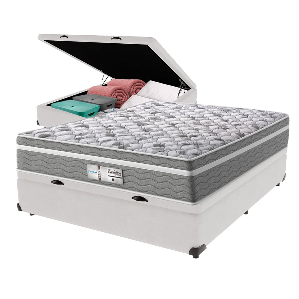 Cama Box Baú Branco e Colchão Evolution Molas Ensacadas Viúvo Probel