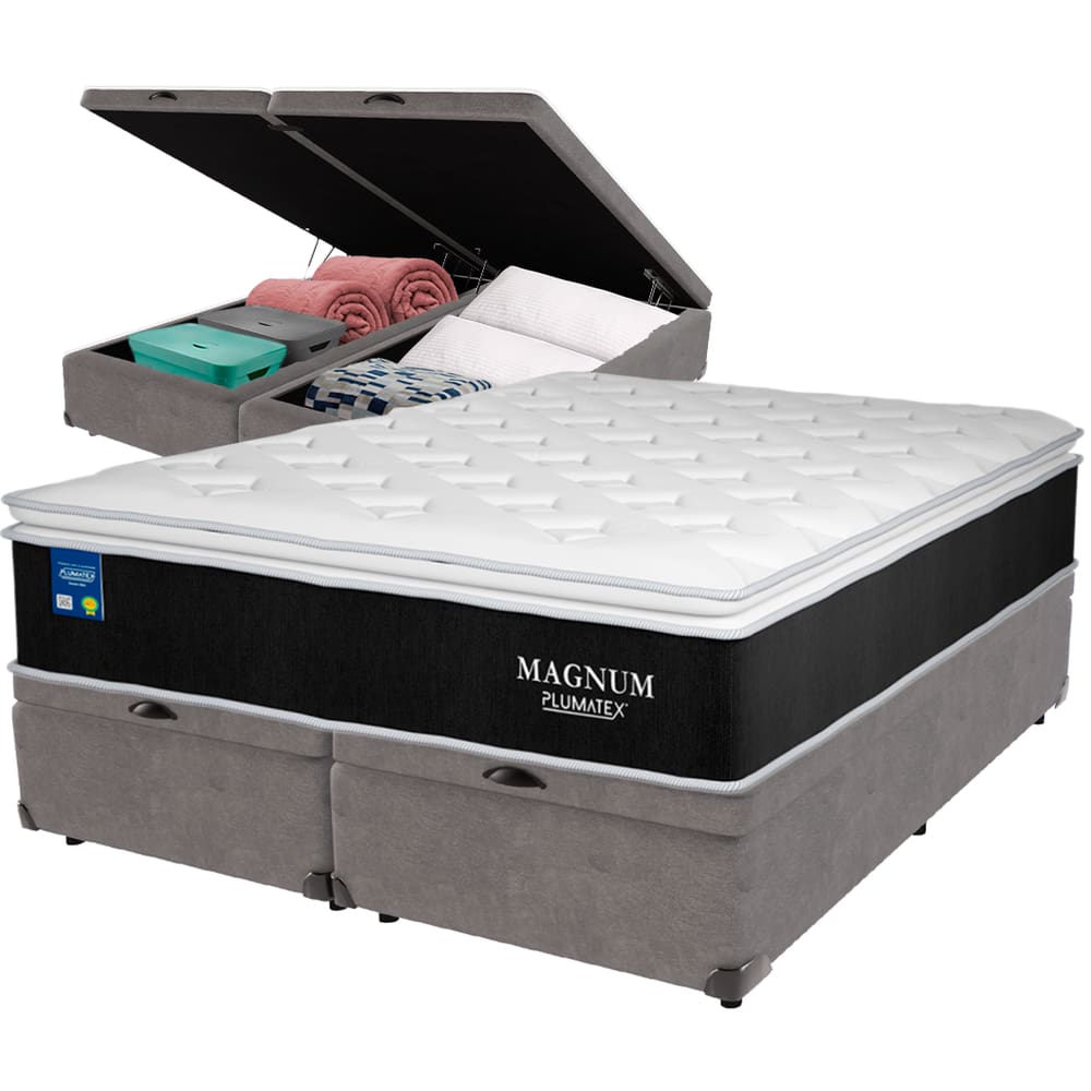 Cama Box Baú Cinza e Colchão Magnum Molas Ensacadas Queen Plumatex