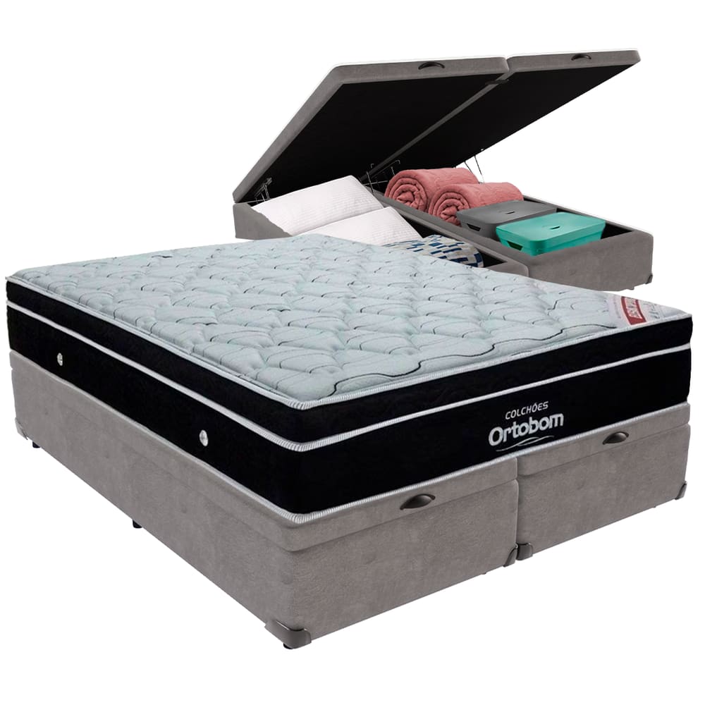 Cama Box Baú Cinza e Colchão Elegant Molas Ensacadas Queen Ortobom
