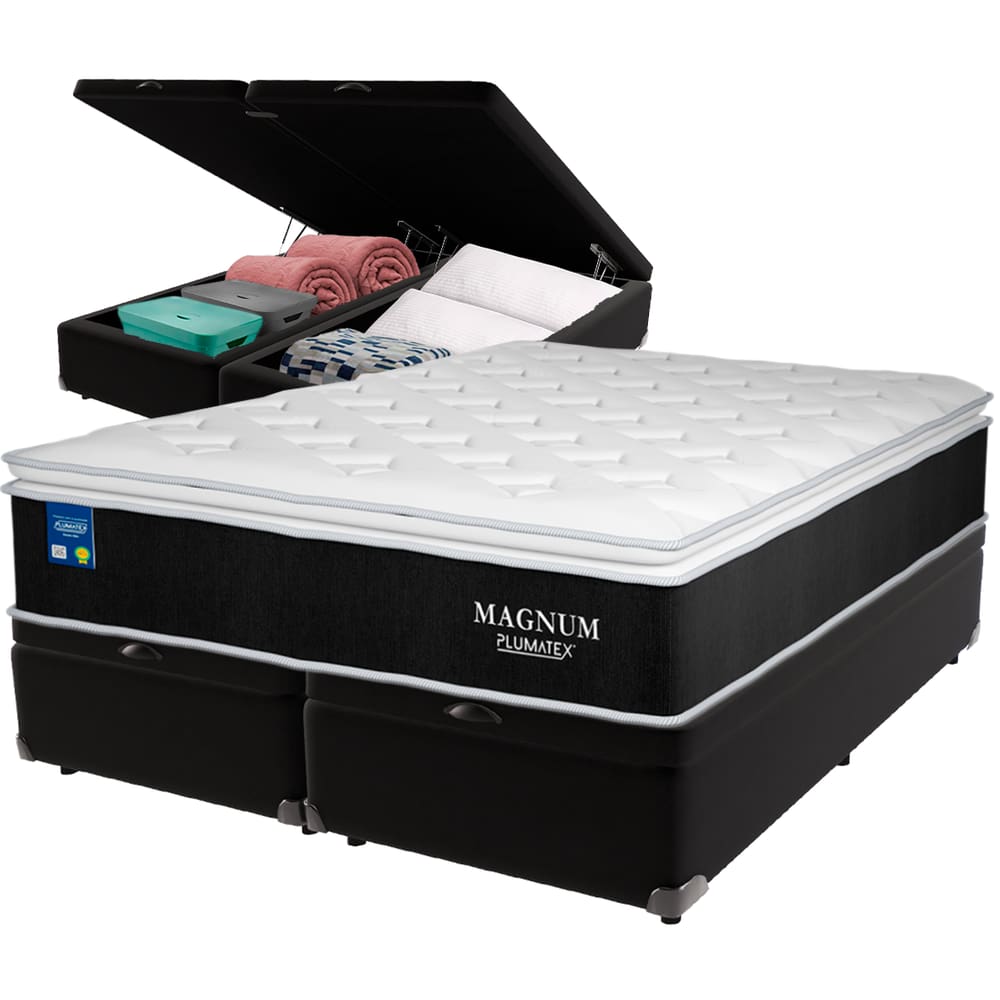 Cama Box Baú Preto e Colchão Magnum Molas Ensacadas Queen Plumatex