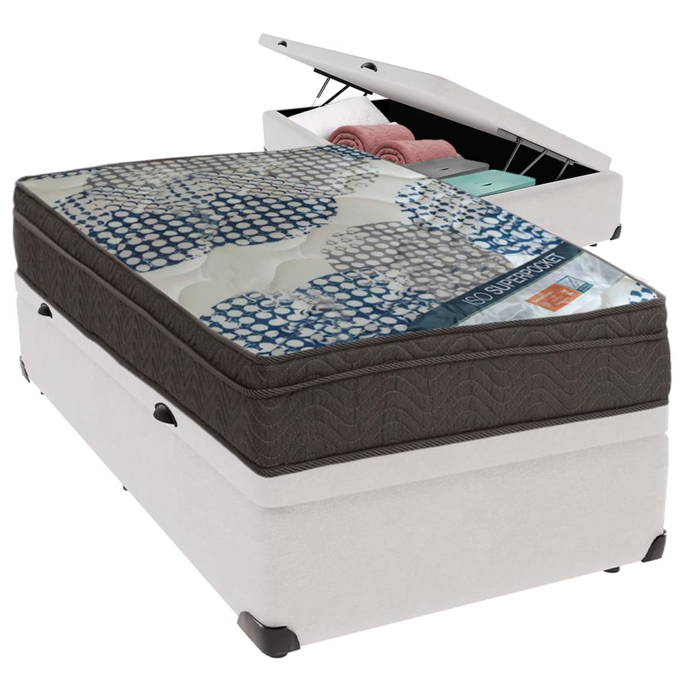 Cama Box Baú e Colchão ISO  Molas Ensacadas Solteiro Ortobom