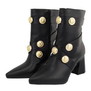 Bota Feminina Salto Bloco Cano Médio Broche Dourado