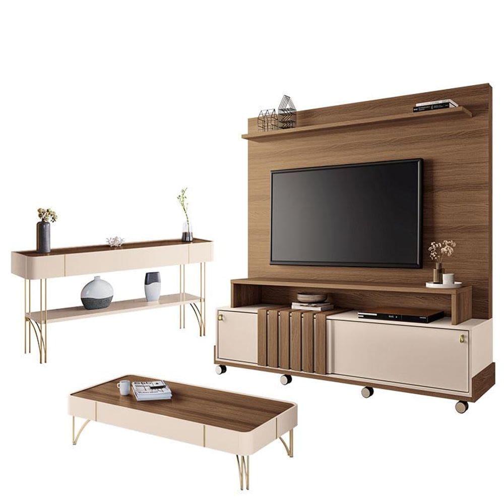 Estante Home Theater Bold e Aparador Vivant e Mesa de Centro Cadenza Castanho Off White - HB Móveis