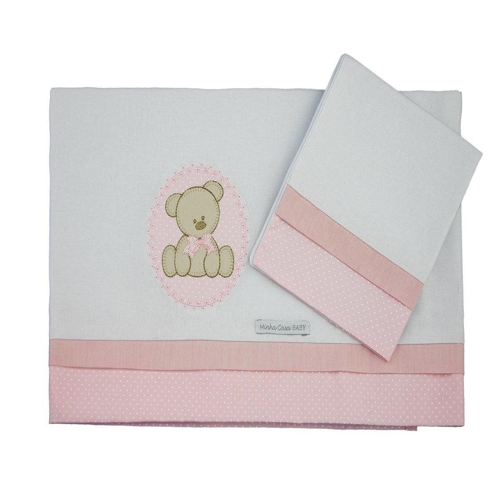 Lençol De Mini Berço Malha 03 Peças Urso Bolacha Rosa