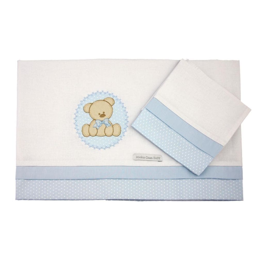 Lençol De Mini Berço Malha 03 Peças Urso Bolacha Azul