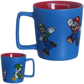 Caneca Super Mario E Luigi Cerâmica Azul E Vermelha 400ML Oficial Nintendo