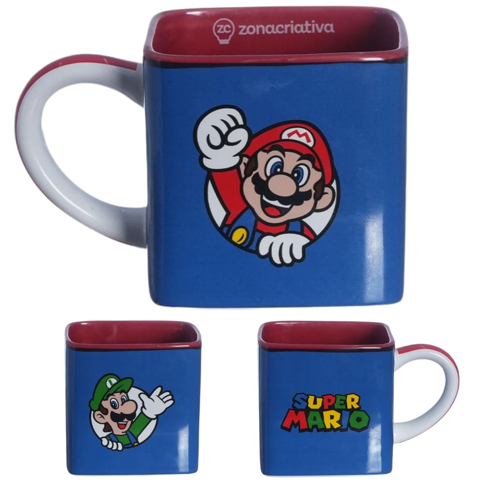 Caneca Super Mario E Luigi 3D Cubo Quadrada Cerâmica Oficial Nintendo