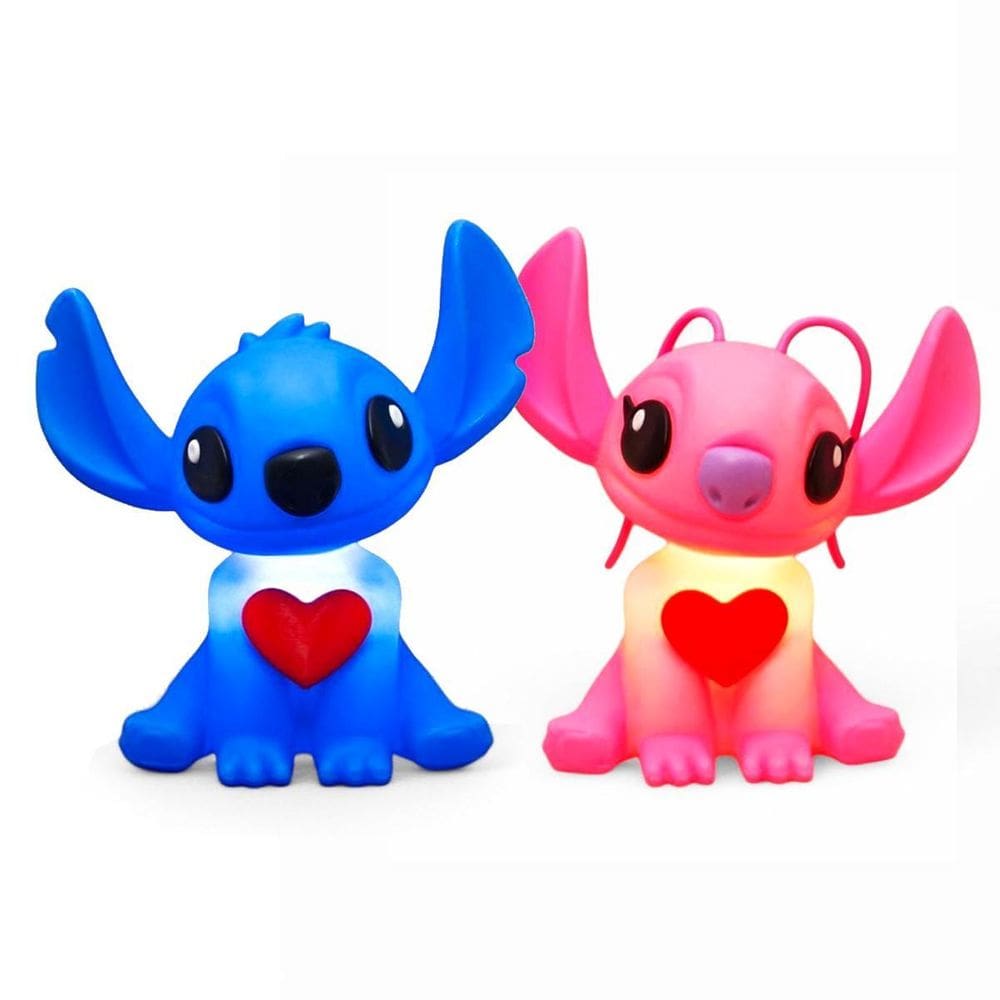 Kit Luminária De Mesa Casal Stitch E Angel Coração Abajur