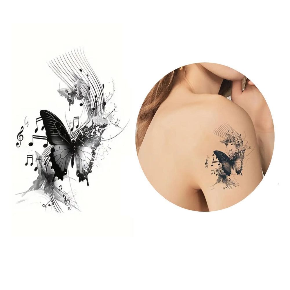 Tatuagem Temporária Borboletas Musica Notas Modelo