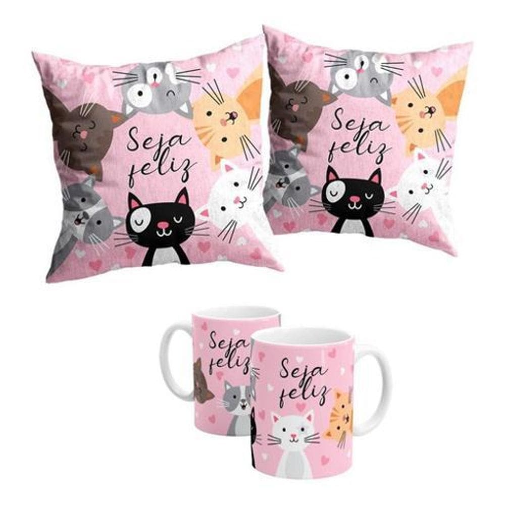 Kit Almofada + Caneca Seja Feliz Gatinho - Seja Feliz