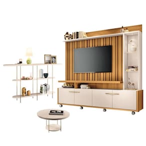 Estante Home Theater Titan Off White Cinamomo e Aparador Infinity e Mesa de Centro sky Off White - HB Móveis