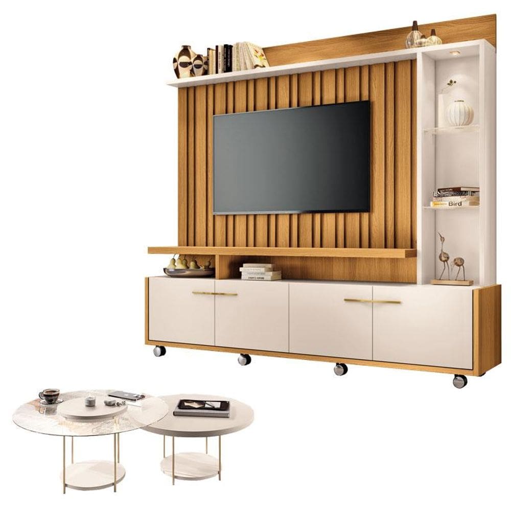 Estante Home Theater Titan Off White Cinamomo e Kit Mesa de Centro sky Off White - HB Móveis