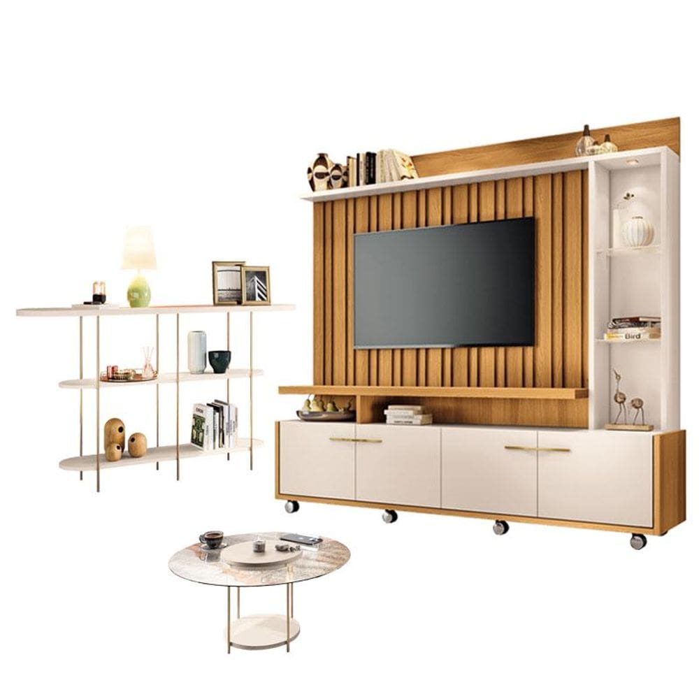 Estante Home Theater Titan Off White Cinamomo e Aparador Infinity e Mesa de Centro sky com Tampo de Vidro Off White - HB Móveis