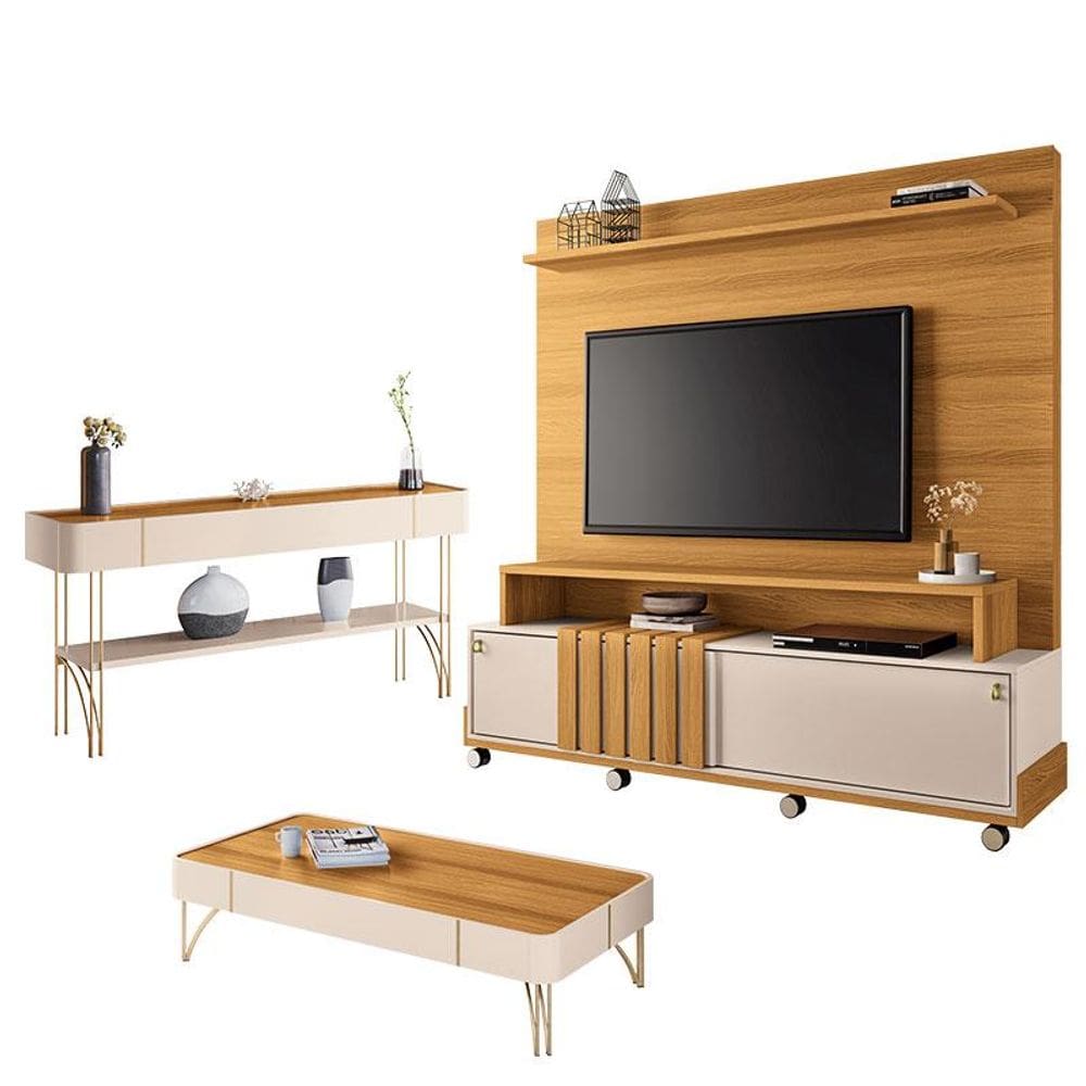 Estante Home Theater Bold e Aparador Vivant e Mesa de Centro Cadenza Cinamomo Off White – HB Móveis