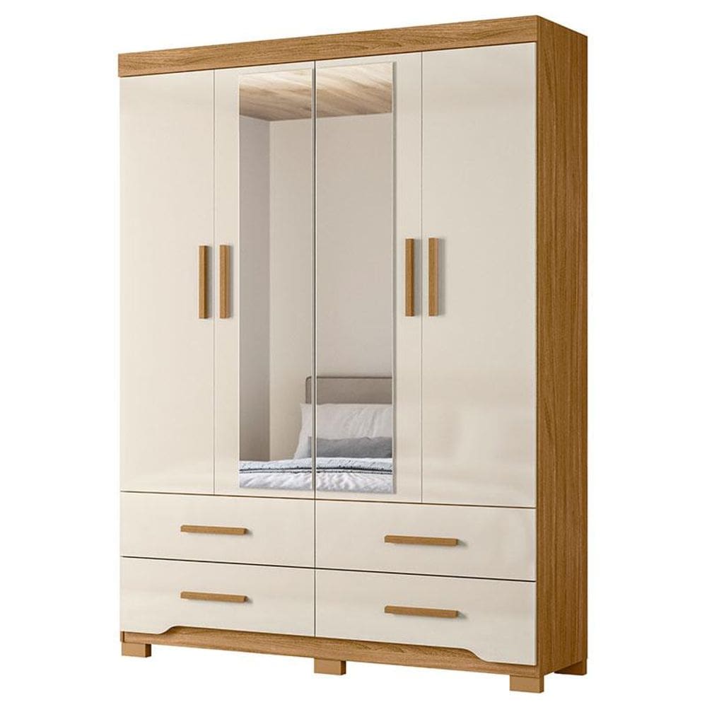 Guarda Roupa Solteiro Miami 4 Portas Freijó Off White com Espelho - Moval