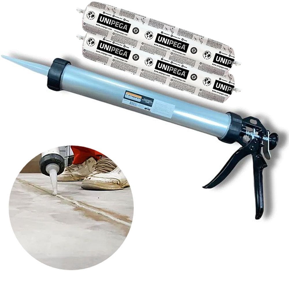 Kit Aplicador de Silicone 15" Profissional + 2 Selante PU40 Cinza Unipega Sachê 600ml Vedação Colagem