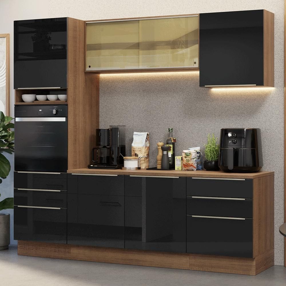 Armário de Cozinha Completa 240cm Rustic/Preto Lux Madesa 08