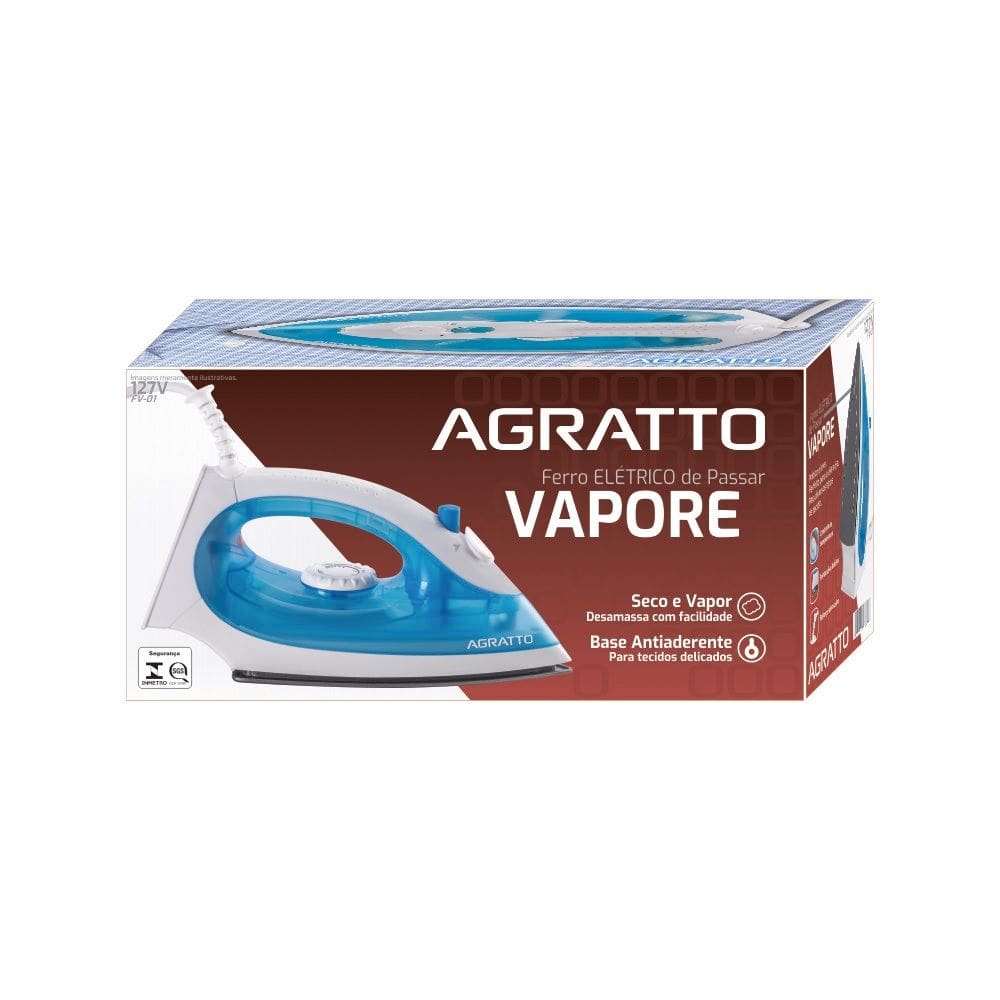 Ferro de Passar Roupa a Vapor e a Seco Agratto Vapore FV-02 Branco e Azul