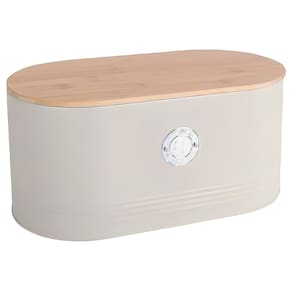 Porta Pão em Metal Creme com Tampa Bambu 33,5cm