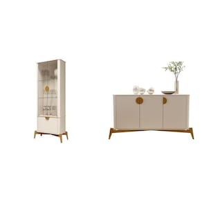 Conj Cristaleira e Buffet Buriti com Os Cantos Curvos, Puxador e Pés em Madeira Maciça Off White
