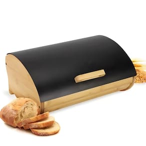 Porta Pão Retrátil em Metal Preto com Tampa Bambu 35cm