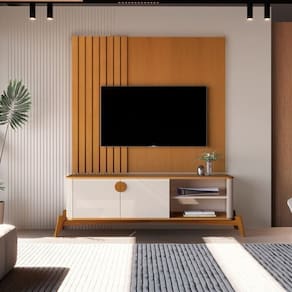 Painel Boto Ripado + Bancada Buriti 1.4 Curva com Pés e Puxadores em Madeira Maciça Marrom/Offwhite