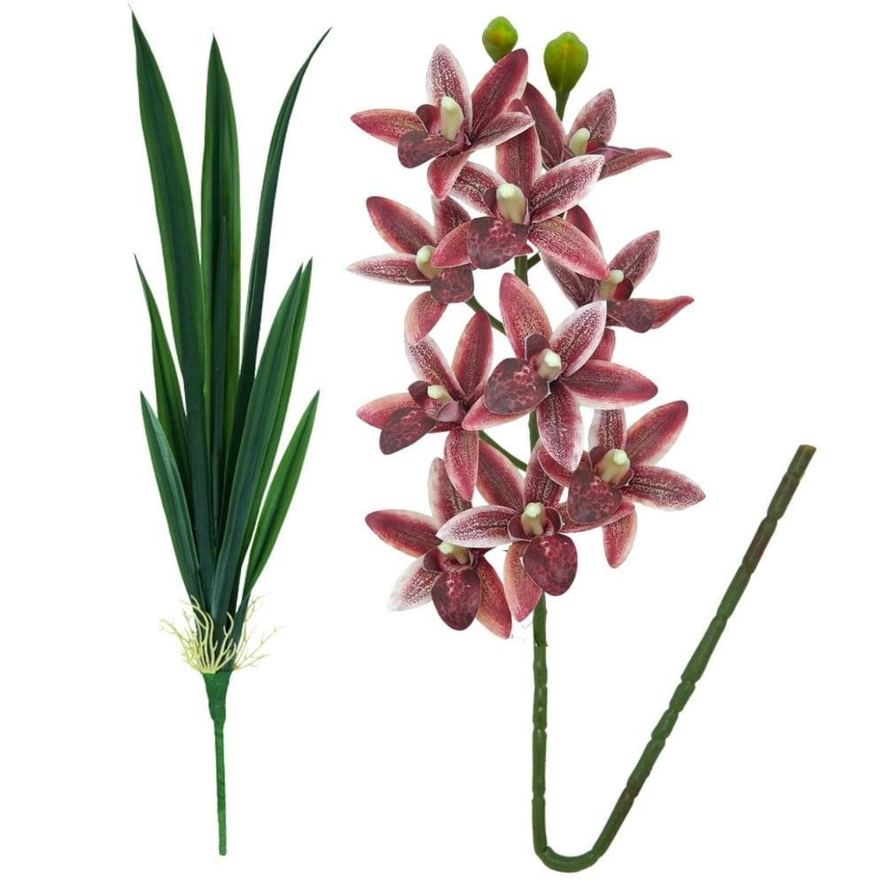 Haste Orquídea 3D Cymbidium Vinho Bordô e Folhagem 58cm - MC Flores