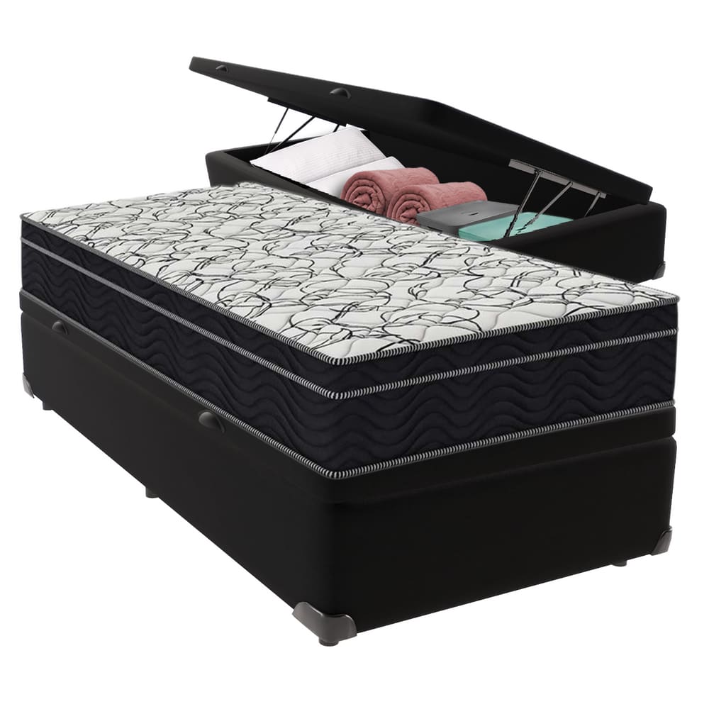 Cama Box Solteiro Preto e Colchão Ortobom Extra Firme D45