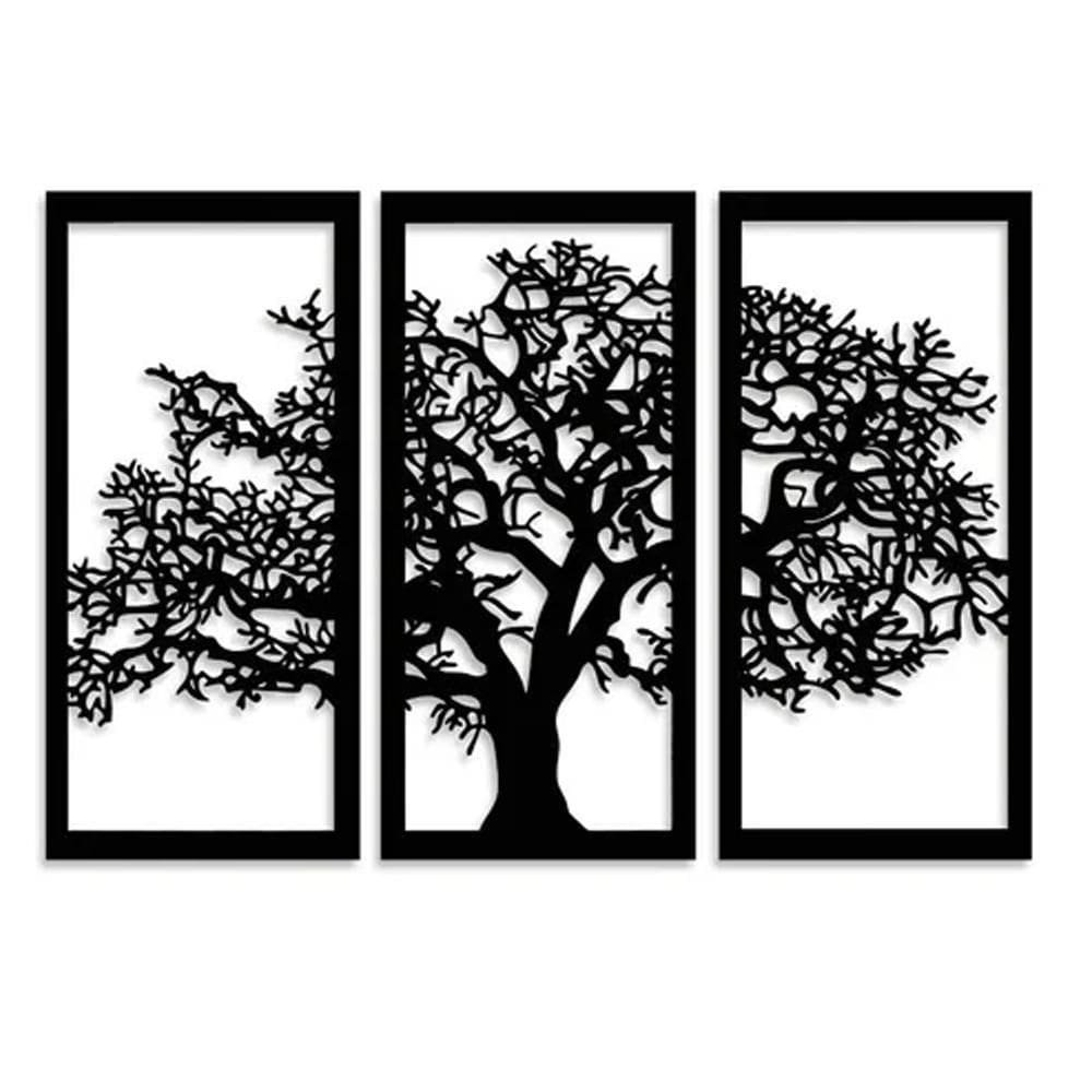 Quadro Placa Decorativa 3D Arvore 120X60 3 Partes Preto