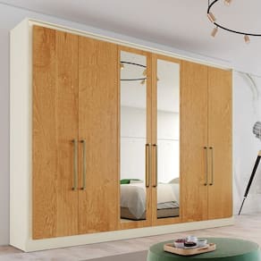 Guarda Roupa Casal com Espelho 6 Portas 6 Gavetas - Argos-Off White/Peroba - Made Marcs