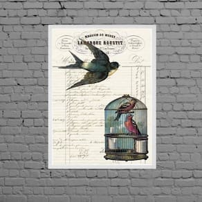 Quadro Pássaro Com Gaiola Vintage 45X34Cm Com Vidro - Branca