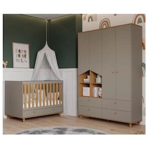 Quarto Bebê Berço e Guarda Roupa 4 Portas 2 Gavetas Casinha Permobili