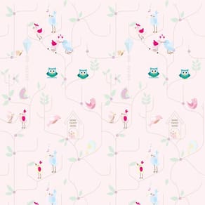 Papel De Parede Rosa Coruja E Pássaros Adesivo Infantil Bebe
