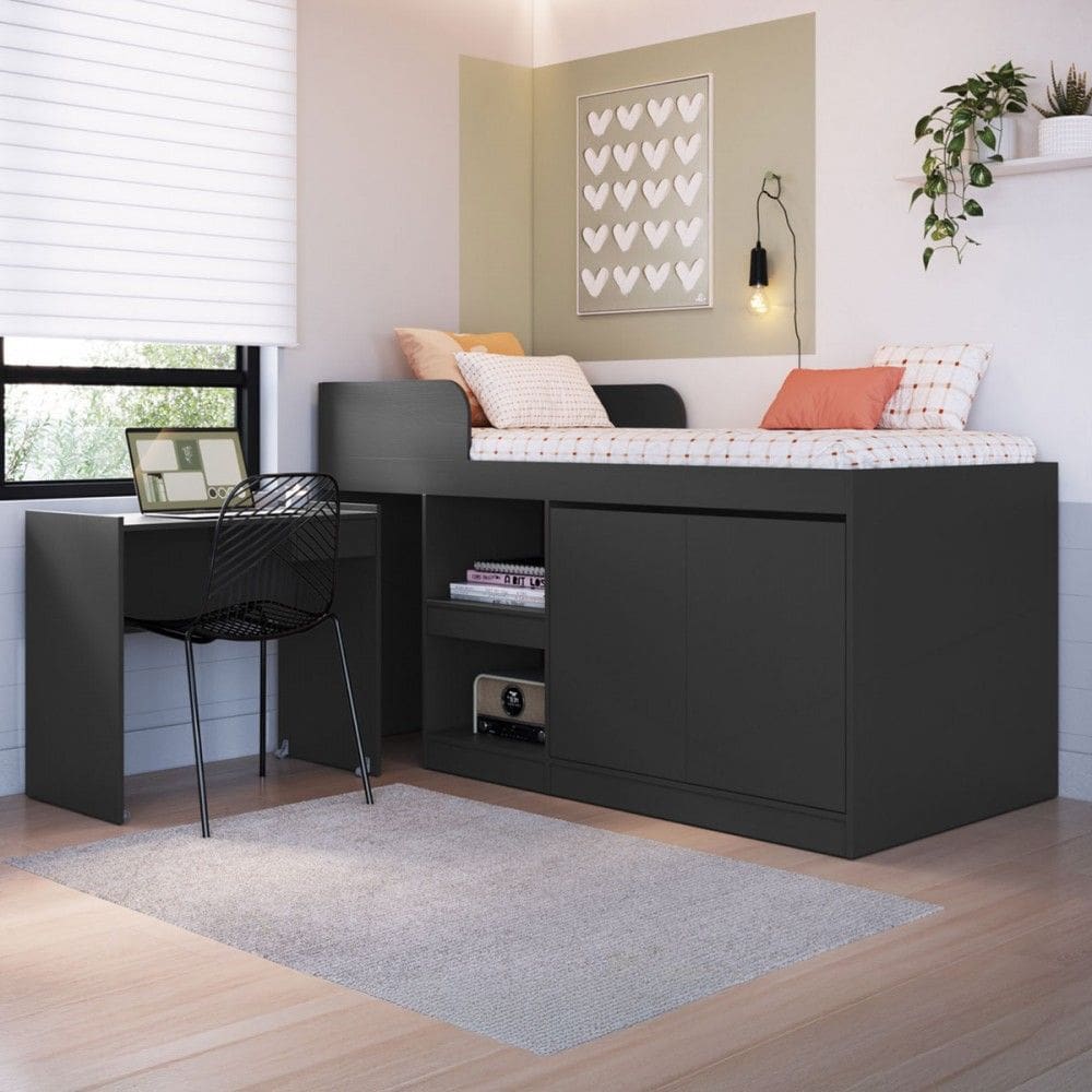 Cama Solteiro Multifuncional Jamaica 2 Portas 1 Gaveta Grafite - Art In Móveis